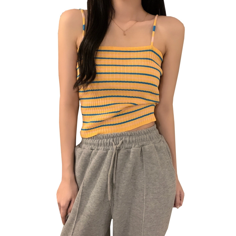 Casual Solid Yellow Crop Top With String Summer Woman Tops Fashionable Stripe Knitted Woman Tank Top